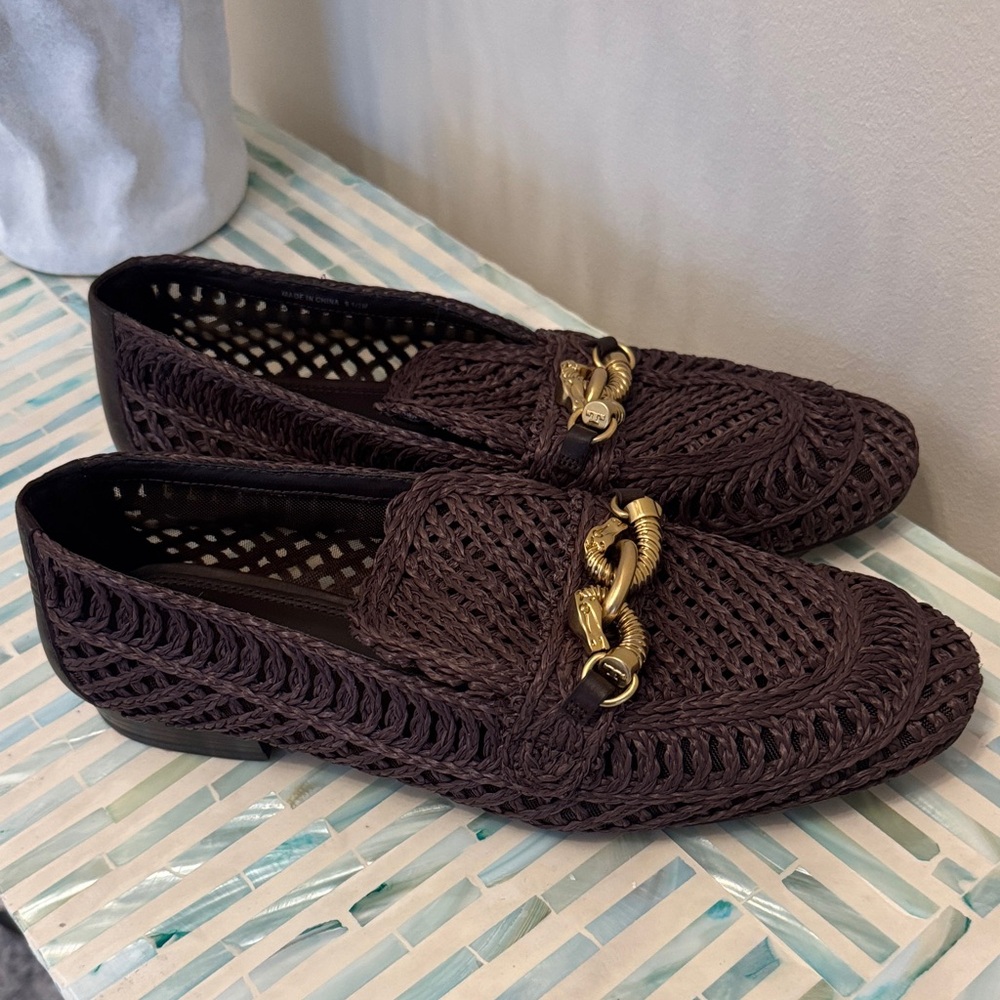 Tory Burch Raffia Brown Loafers with Gold Accent